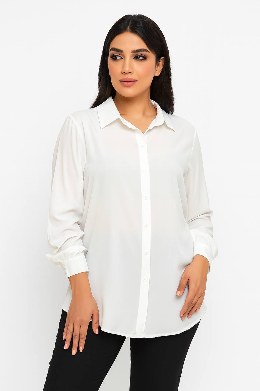شومیز سفید زنانه یقه کلاسیک با آستین دکمه‌دار مناسب استایل رسمی و اداری
