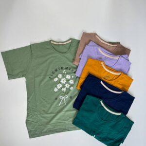 ست تیشرت و شلوارک زنانه چند رنگ با چاپ گل و نوشته Flower Market