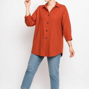 شومیز نارنجی آجری زنانه آستین سهربع با یقه برگردان مناسب استایل کژوال و روزمره