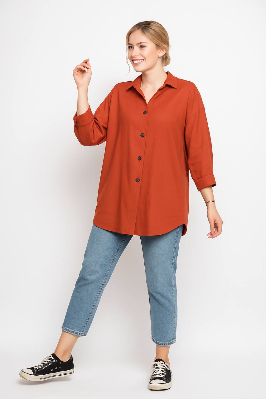 شومیز نارنجی آجری زنانه آستین سه‌ربع با یقه برگردان مناسب استایل کژوال و روزمره