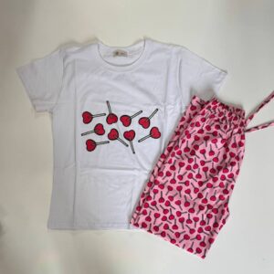 ست تیشرت و شلوارک زنانه صورتی با طرح قلب