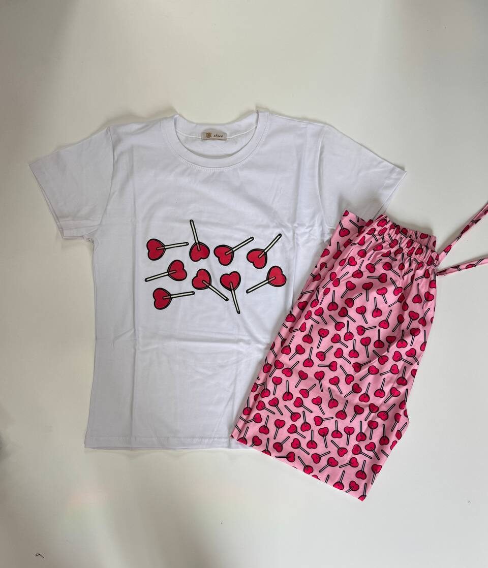 ست تیشرت و شلوارک زنانه صورتی با طرح قلب